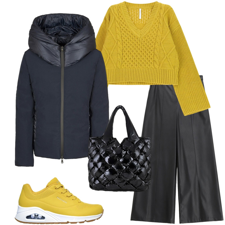 Outfit donna - Un po\' di giallo. Stile Casual chic per Tutti i giorni. Abbinamento con maglieria, pantaloni, eskimo, borse tote, sneakers.