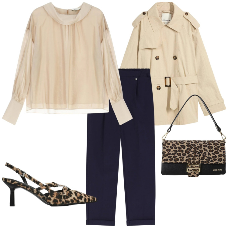 Outfit donna - Total look #2336618. Stile Glamour per Ufficio. Abbinamento con trench, borse a spalla, pantaloni, camicie, décolleté.
