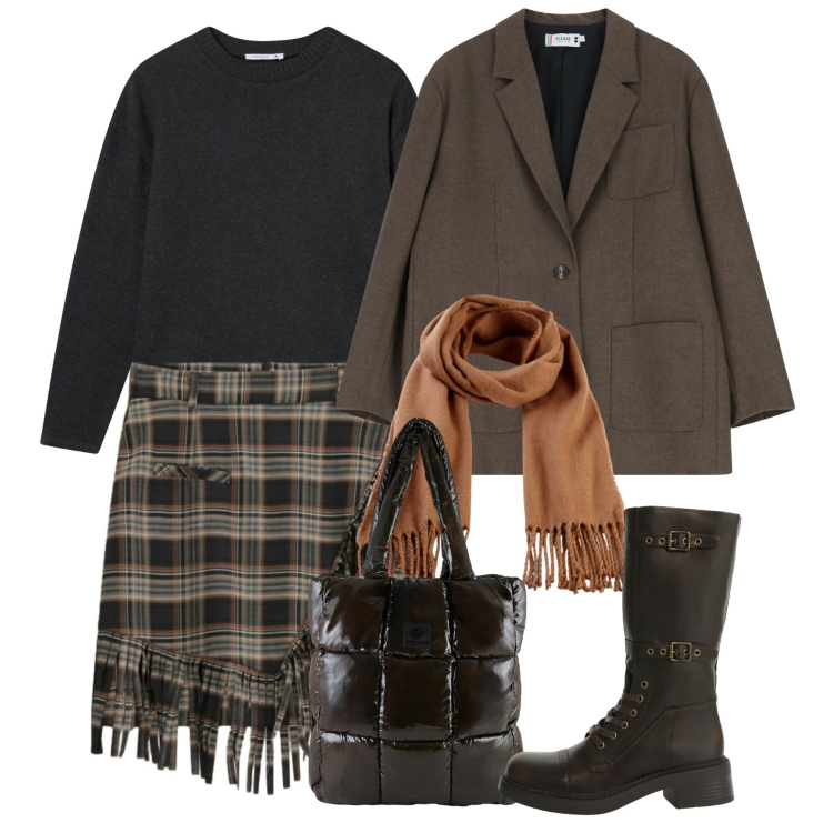 Outfit donna - Stile British in tendenza - @tiffany22. Stile Bon Ton per Tutti i giorni. Abbinamento con sciarpe, stivali, minigonne, maglieria, blazer, shopping bag.