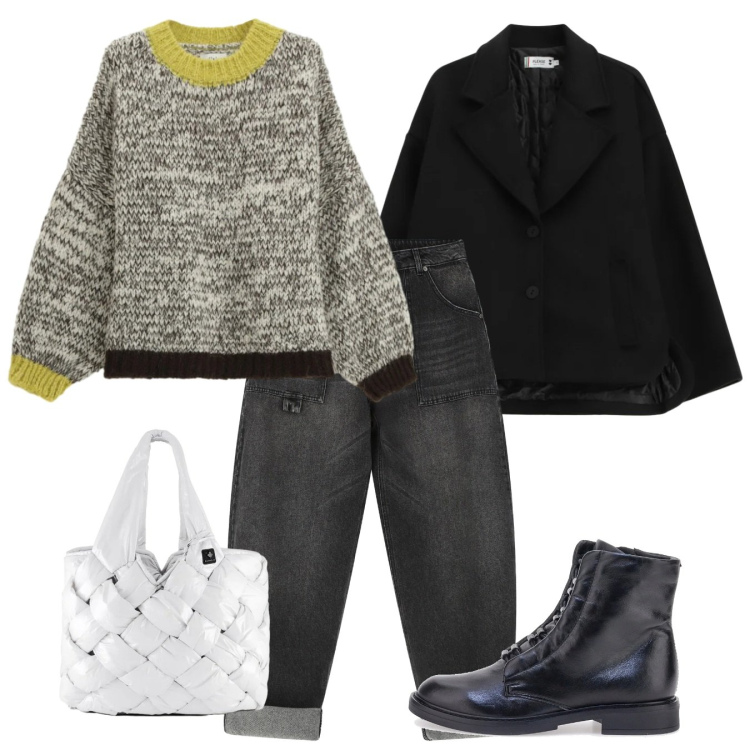 Outfit donna - In città. Stile Casual per Tutti i giorni. Abbinamento con maglieria, jeans, blazer, borse tote, stivaletti.