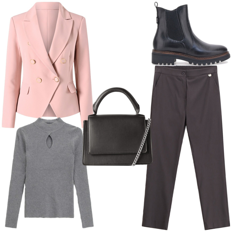 Outfit donna - Workwear. Stile Casual chic per Ufficio. Abbinamento con pantaloni, maglieria, borse a tracolla, blazer, stivaletti chelsea.