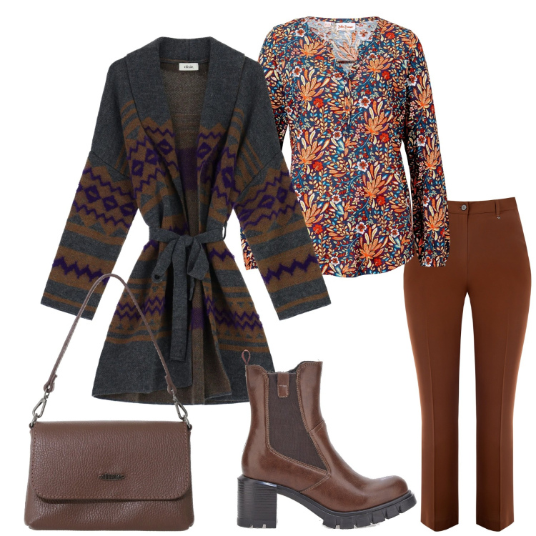 Outfit donna - Total look #2336632. Stile Etnico per Ufficio. Abbinamento con maglieria, borse a tracolla, cappotti, pantaloni, stivaletti.