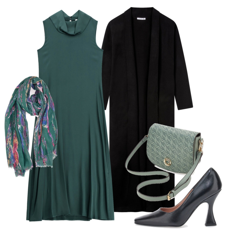 Outfit donna - Décolleté mania. Stile Chic per Serata fuori. Abbinamento con vestiti lunghi, cardigans, foulard, décolleté, borse a tracolla.