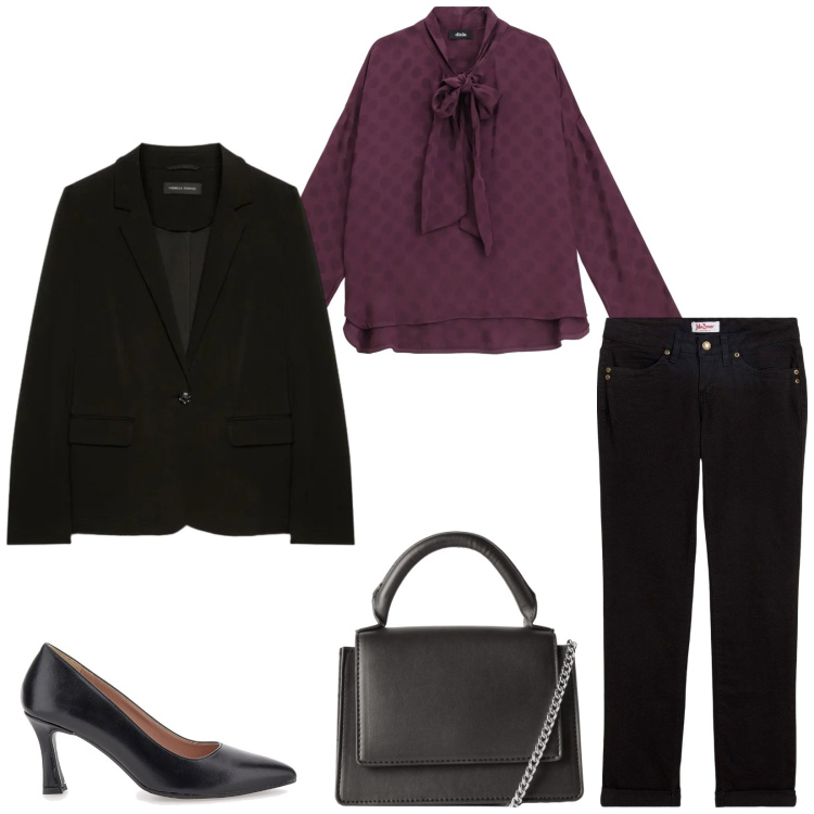 Outfit donna - Total look #2336642. Stile Chic per Ufficio. Abbinamento con jeans dritti, bluse, borse a tracolla, décolleté, blazer.