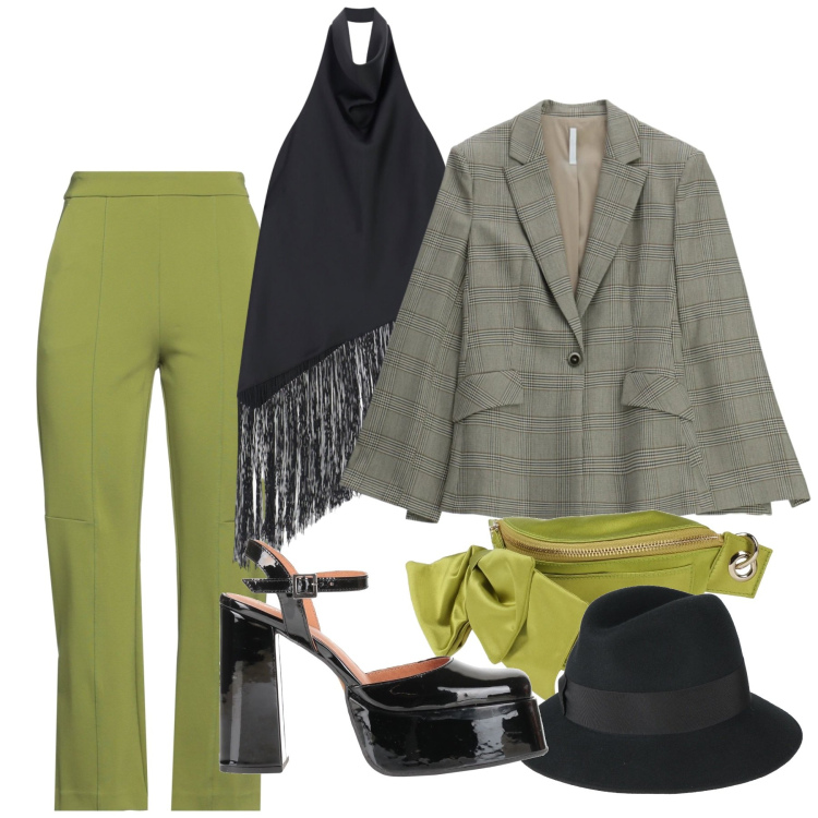 Outfit donna - San Valentino curvy mood - Focus Donna C. Stile Chic per Serata fuori. Abbinamento con marsupi, pantaloni, décolleté, cappelli, blazer, top.