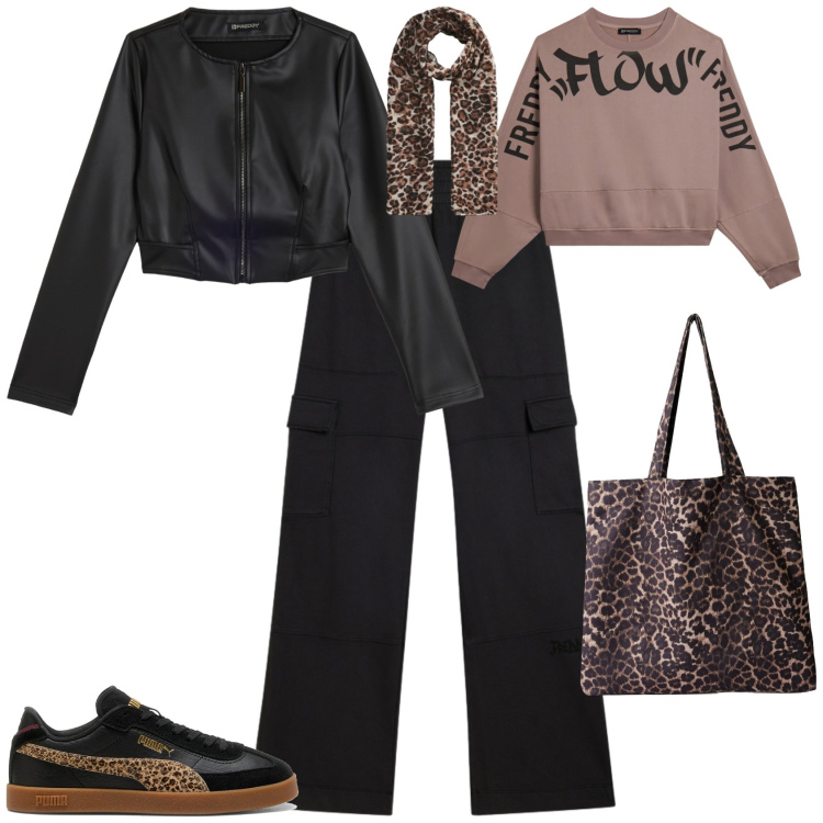 Outfit donna - Sporty chic ogni giorno. Stile Sporty chic per Scuola/Università. Abbinamento con shopping bag, foulard, giacche, felpe, pantaloni cargo, sneakers.