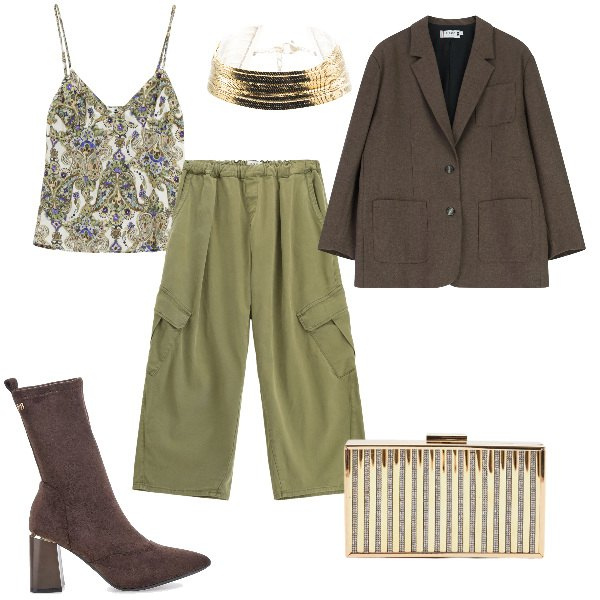 Outfit donna - Total look #2336668. Stile Sexy per Serata fuori. Abbinamento con top, pantaloni cargo, blazer, clutch, braccialetti, stivaletti.