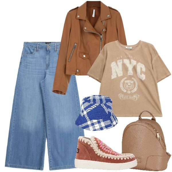 Outfit donna - Un gita in primavera. Stile Casual chic per Tutti i giorni. Abbinamento con zaini, stivaletti, cappelli, giacche, jeans, t-shirt.