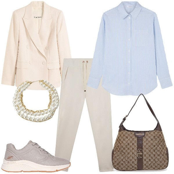 Outfit donna - Total look #2336679. Stile Sporty chic per Tutti i giorni. Abbinamento con blazer, camicie, collane, pantaloni, sneakers, borse a spalla.