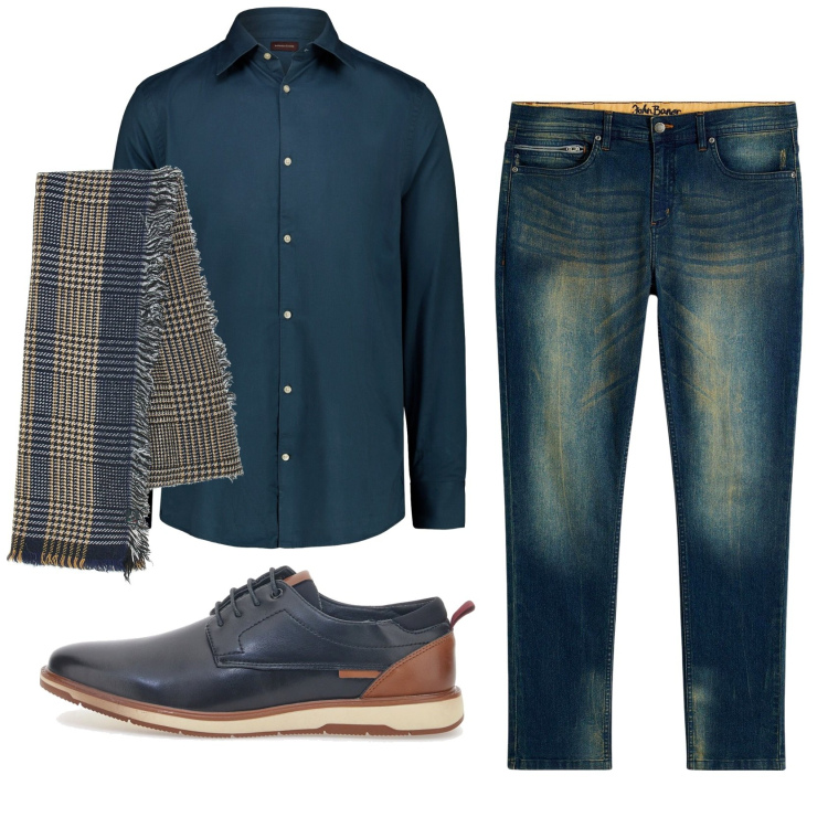 Outfit uomo - Total look #2336682. Stile Casual per Ufficio. Abbinamento con jeans slim fit, sciarpe, scarpe stringate, camicie.
