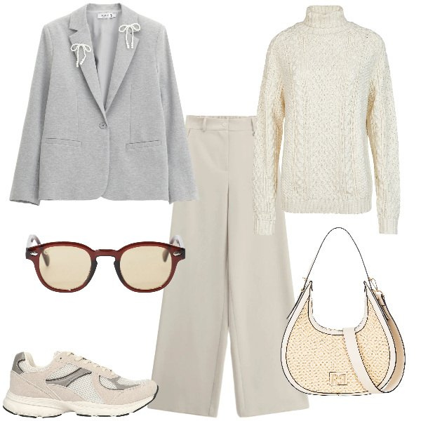 Outfit donna - Total look #2336683. Stile Casual chic per Tutti i giorni. Abbinamento con sneakers, occhiali da sole, pantaloni a palazzo, blazer, borse a mano, maglieria.