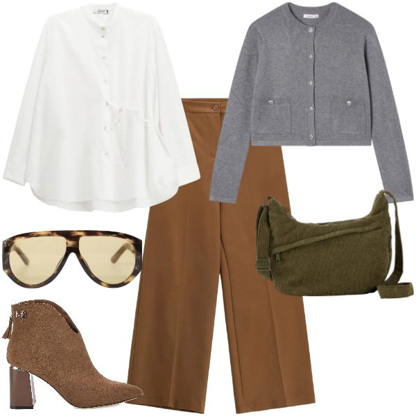 Outfit donna - Chic vibes. Stile Casual chic per Tutti i giorni. Abbinamento con borse a tracolla, occhiali da sole, pantaloni a palazzo, cardigans, camicie, stivaletti.