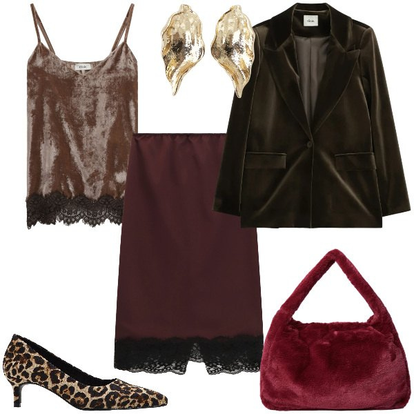 Outfit donna - Total look #2336686. Stile Romantica per Serata fuori. Abbinamento con décolleté, borse a spalla, gonne longuette, top, blazer, orecchini.