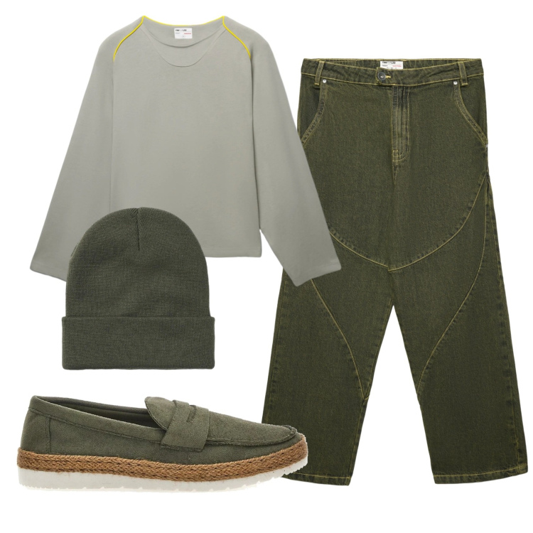 Outfit uomo - Total look #2336688. Stile Trendy per Tutti i giorni. Abbinamento con berretti, jeans dritti, t-shirt, scarpe stringate.