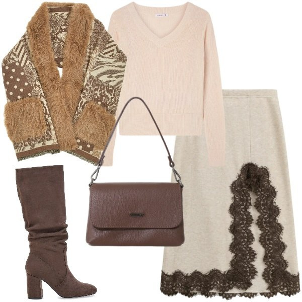 Outfit donna - Chic vibes. Stile Casual chic per Ufficio. Abbinamento con maglieria, borse a tracolla, gonne longuette, stivali sopra il ginocchio, cappe.