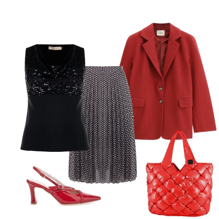 Outfit donna - Rosso: emozioni. Stile Minimal per Tutti i giorni. Abbinamento con blazer, gonne longuette, top, borse tote, décolleté.
