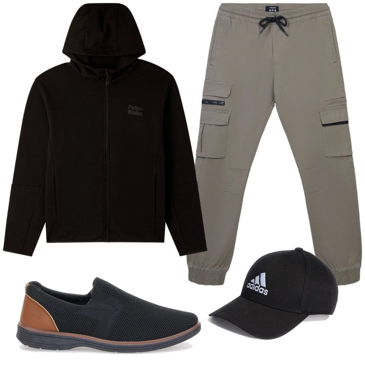 Outfit uomo - Total look #2336694. Stile Casual per Tutti i giorni. Abbinamento con felpe sportive, pantaloni cargo, cappelli con visiera, scarpe stringate.