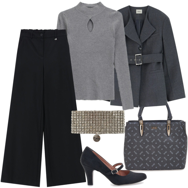 Outfit donna - Décolleté mania. Stile Urban per Ufficio. Abbinamento con maglieria, cappotti, braccialetti, pantaloni a palazzo, décolleté, borse a mano.