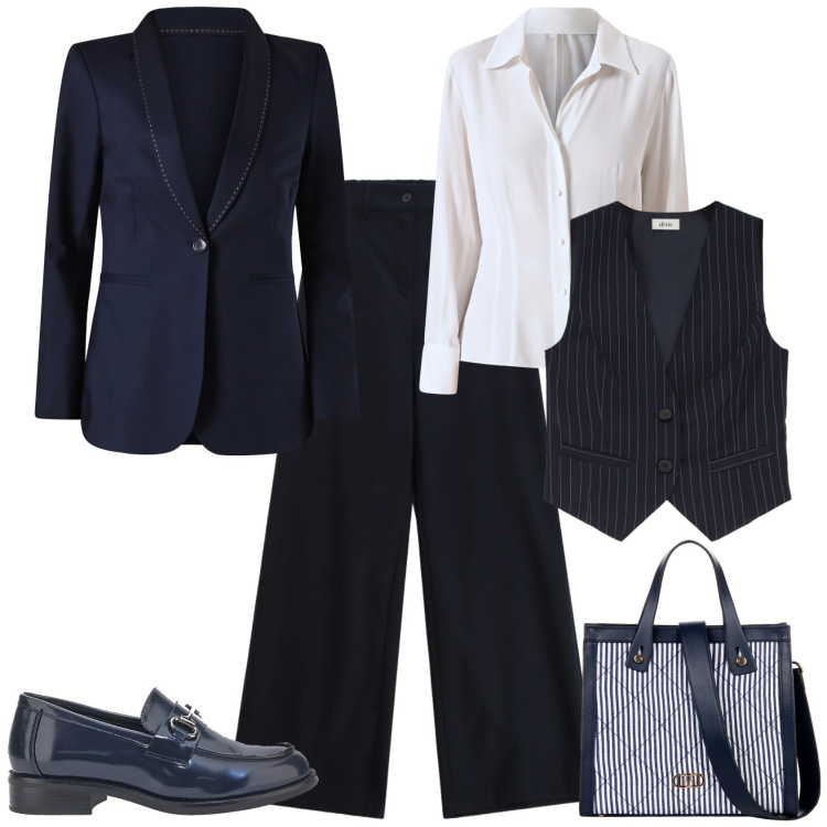 Outfit donna - Trendy in ufficio. Stile Trendy per Ufficio. Abbinamento con gilet, pantaloni a palazzo, camicie, shopping bag, blazer, mocassini.