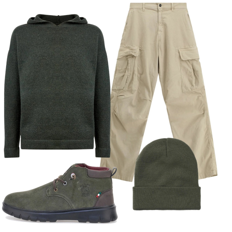 Outfit uomo - Total look #2336697. Stile Trendy per Tutti i giorni. Abbinamento con pantaloni cargo, berretti, maglieria, stivali e stivaletti.