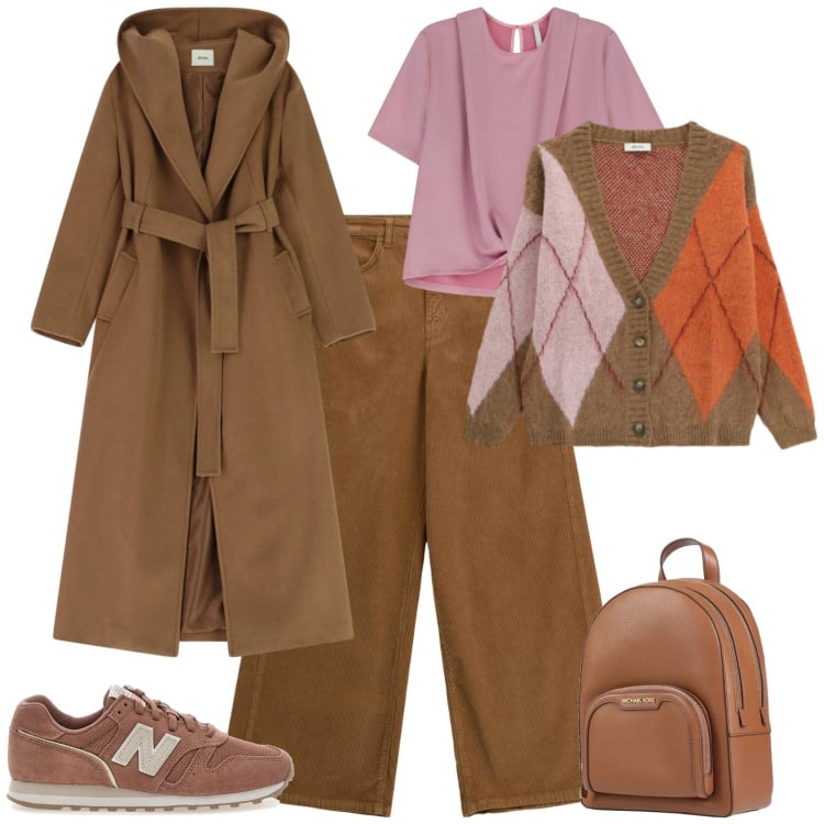 Outfit donna - Trendy ufficio tempo libero. Stile Trendy per Tutti i giorni. Abbinamento con zaini, t-shirt, cardigans, pantaloni a palazzo, cappotti, sneakers.