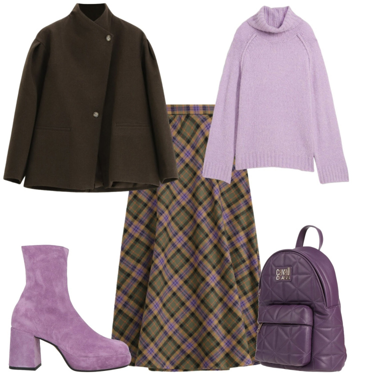 Outfit donna - Casual chic ufficio tempo libero. Stile Casual chic per Tutti i giorni. Abbinamento con zaini, stivaletti, maglieria, gonne lunghe, blazer.