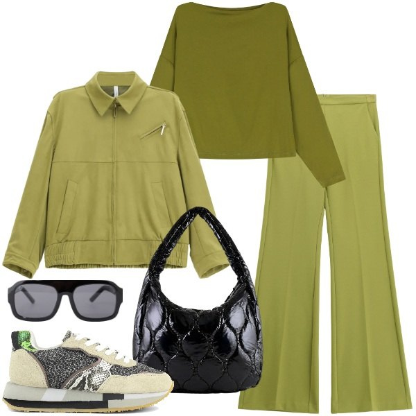 Outfit donna - Chic vibes. Stile Casual chic per Tutti i giorni. Abbinamento con occhiali da sole, pantaloni, blazer, t-shirt, borse tote, sneakers.