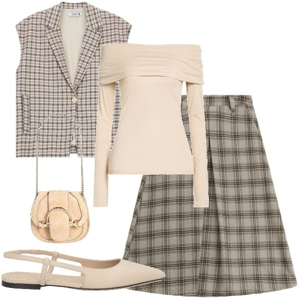 Outfit donna - Quadretti e colori chiari. Stile Casual chic per Tutti i giorni. Abbinamento con marsupi, t-shirt, ballerine, gonne longuette, gilet.