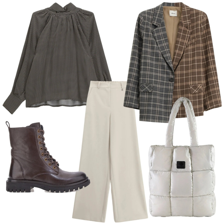 Outfit donna - Elegante tutto il giorno. Stile Glamour per Tutti i giorni. Abbinamento con pantaloni a palazzo, camicie, blazer, shopping bag, anfibi.