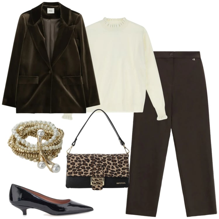 Outfit donna - Da mattina a sera. Stile Mannish per Ufficio. Abbinamento con borse a spalla, blazer, pantaloni, braccialetti, maglieria, décolleté.