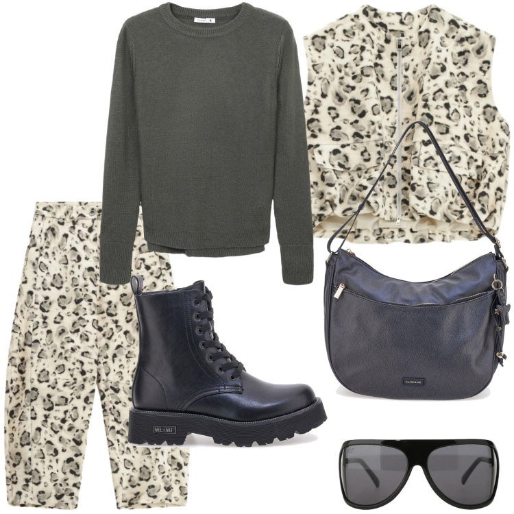 Outfit donna - Dettagli originali. Stile Trendy per Tutti i giorni. Abbinamento con maglieria, occhiali da sole, gilet, pantaloni, anfibi, borse a spalla.