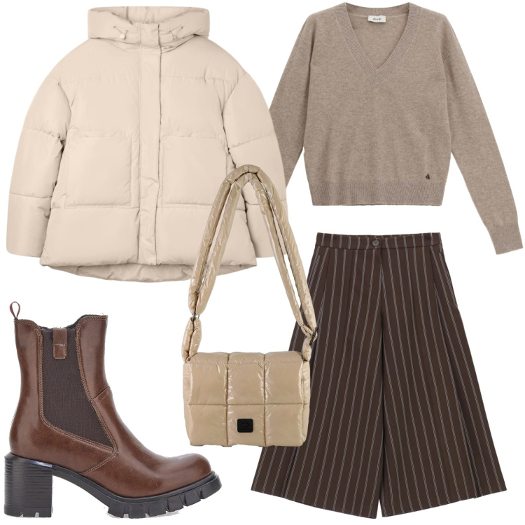 Outfit donna - Pantaloni fluidi. Stile Minimal per Tutti i giorni. Abbinamento con bomber, pantaloni, maglieria, borse a spalla, stivaletti.