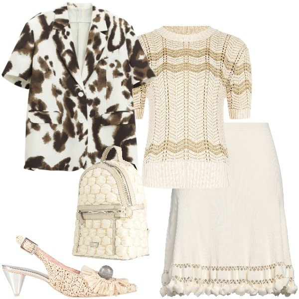 Outfit donna - Anticipazioni di primavera. Stile Bon Ton per Tutti i giorni. Abbinamento con zaini, minigonne, décolleté, blazer, t-shirt.