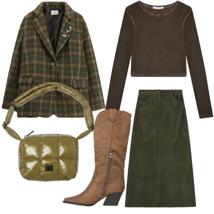 Outfit donna - Texani classici. Stile Casual per Tutti i giorni. Abbinamento con gonne lunghe, blazer, t-shirt, stivali, borse a spalla.