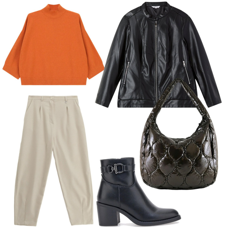 Outfit donna - La maglia arancio. Stile Glamour per Tutti i giorni. Abbinamento con maglieria, pantaloni, giacche, borse tote, stivaletti.