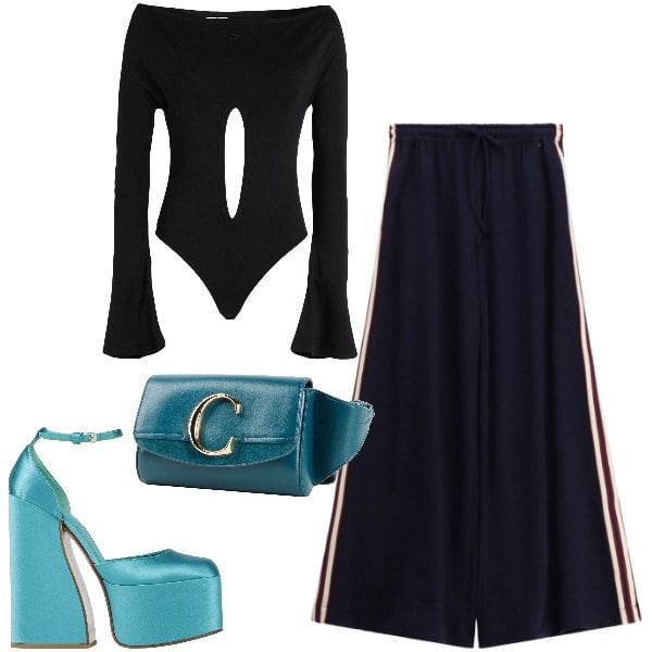 Outfit donna - New York Disco. Stile Glamour per Serata fuori. Abbinamento con décolleté, marsupi, body, pantaloni.