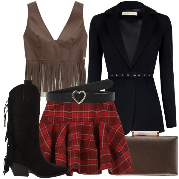 Outfit donna - Country Love - Low cost. Stile Rock per Serata fuori. Abbinamento con cinture, minigonne, stivali, top, clutch, blazer.