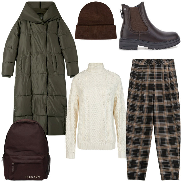 Outfit donna - Preppy. Stile Preppy per Tutti i giorni. Abbinamento con pantaloni, maglieria, zaini, stivaletti chelsea, cappotti, berretti.