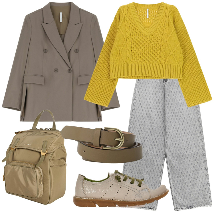 Outfit donna - Febbraio days. Stile Casual per Ufficio. Abbinamento con zaini, maglieria, blazer, cinture, jeans, scarpe stringate.