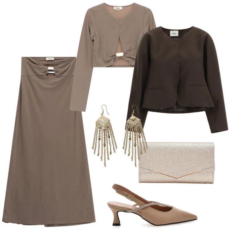 Outfit donna - Total look #2336728. Stile Glamour per Serata fuori. Abbinamento con clutch, top, blazer, gonne lunghe, orecchini, décolleté.