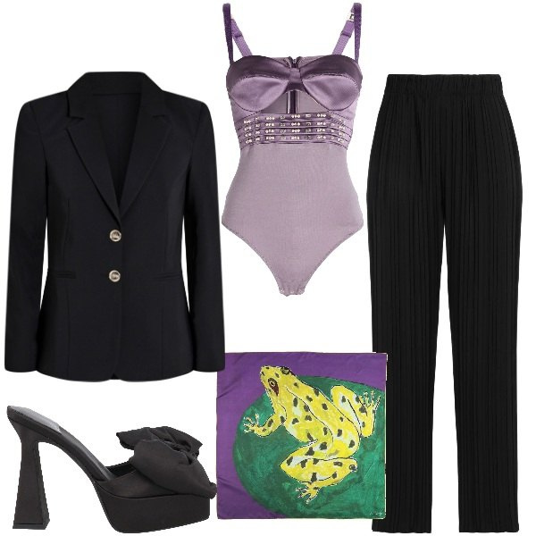 Outfit donna - Il salto della rana. Stile Glamour per Serata fuori. Abbinamento con sciarpe, body, pantaloni, sandali col tacco, blazer.