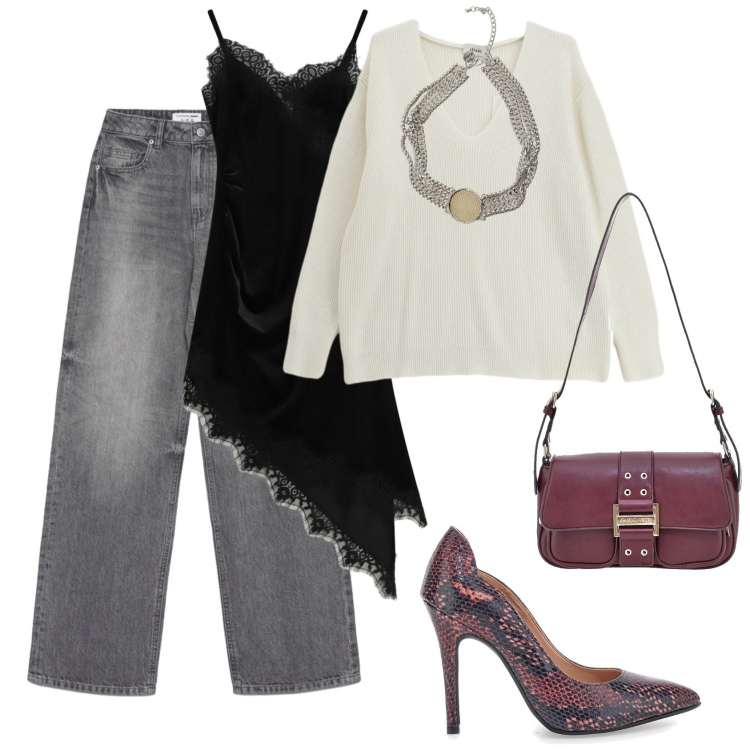Outfit donna - Décolleté mania. Stile Glamour per Tutti i giorni. Abbinamento con jeans, vestiti asimmetrici, maglieria, collane, décolleté, borse a tracolla.