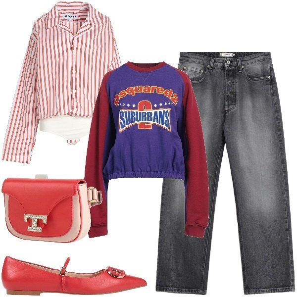 Outfit donna - Suburbans. Stile Urban per Tutti i giorni. Abbinamento con marsupi, body, felpe, ballerine, jeans dritti.