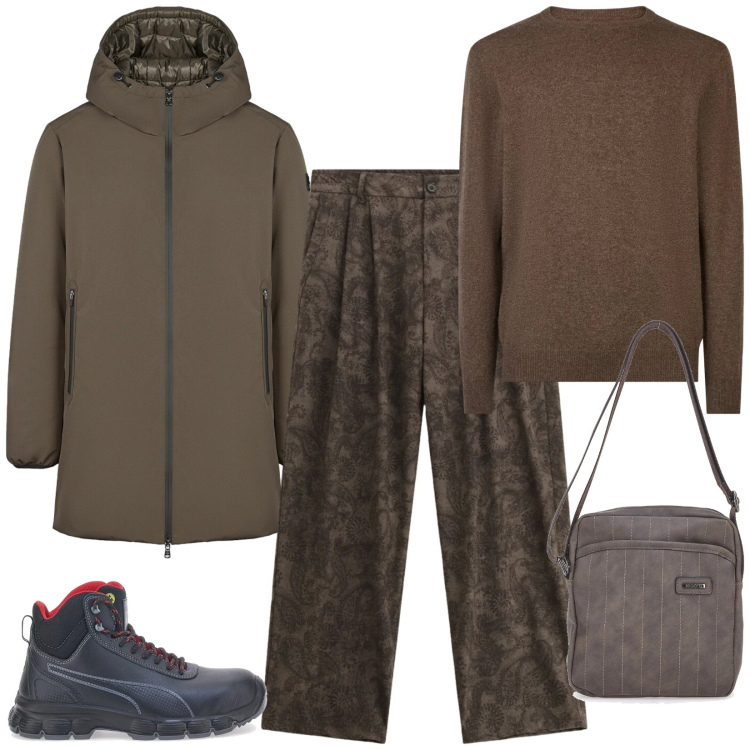Outfit uomo - Al bar dello sport. Stile Casual per Tutti i giorni. Abbinamento con pantaloni, parka, portafogli, maglieria, stivali e stivaletti.