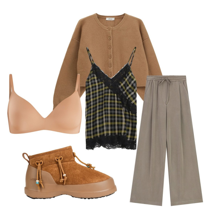 Outfit donna - Originale quotidianamente. Stile Etnico per Tutti i giorni. Abbinamento con stivali da neve, pantaloni a palazzo, cardigans, top, reggiseni a balconcino.