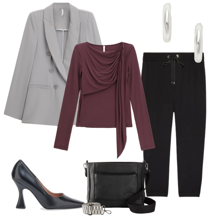 Outfit donna - Cosmopolitan Flair. Stile Glamour per Tutti i giorni. Abbinamento con borse a tracolla, bluse, blazer, pantaloni, orecchini, décolleté.