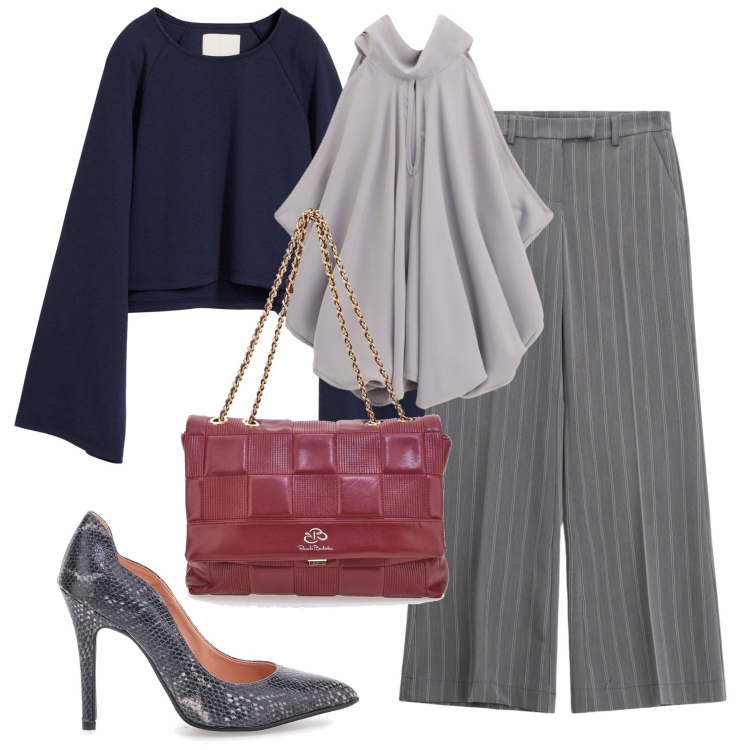 Outfit donna - Décolleté mania. Stile Glamour per Tutti i giorni. Abbinamento con cappe, pantaloni a palazzo, top, décolleté, borse a tracolla.