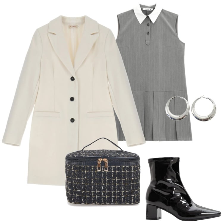 Outfit donna - Sixties vibes. Stile Trendy per Tutti i giorni. Abbinamento con stivaletti, orecchini, vestiti corti, cappotti, valigie.