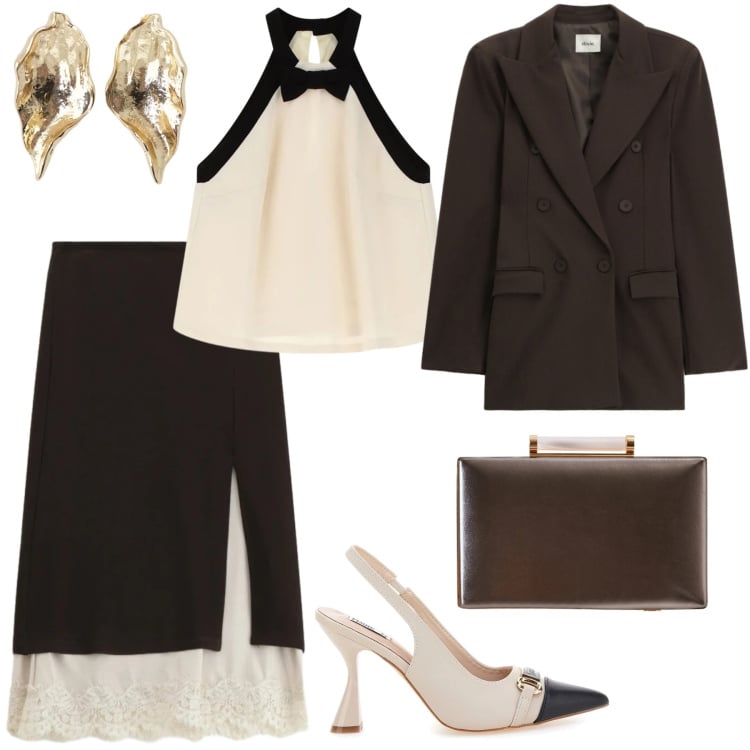 Outfit donna - Total look #2336743. Stile Glamour per Cerimonia. Abbinamento con clutch, blazer, gonne longuette, orecchini, top, décolleté.