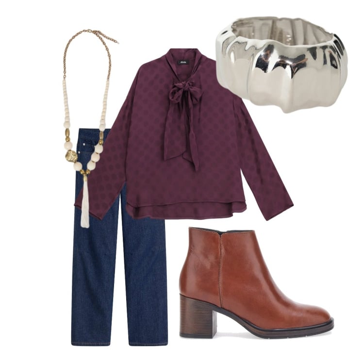 Outfit donna - Appuntamento. Stile Casual chic per Serata fuori. Abbinamento con jeans dritti, ciondoli, bluse, braccialetti, stivaletti.